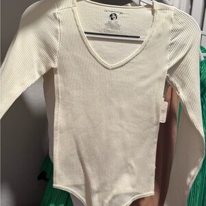 Cream Ribbed Long Sleeve Bodysuit